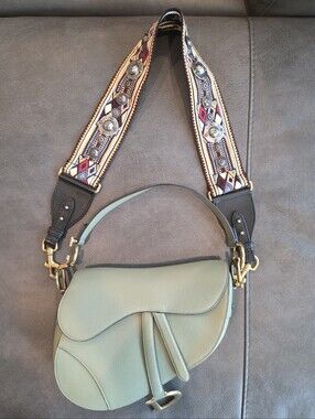 Dior Medium Light Sage Green Saddle Shoulder Bag with Embroidered Guitar Strap